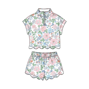 Conjunto infantil GSSO3577 personalizado con estampado de flores para niñas, conjunto informal de manga corta con cierre de cremallera para niños, venta al por mayor. - Product Image 1