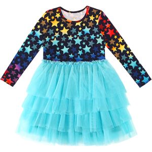 Robe tutu à manches longues pour petites filles, avec imprimé étoiles et jupe en tulle superposée, pour les fêtes ou les tenues décontractées, silhouette en forme de A - Product Image 1