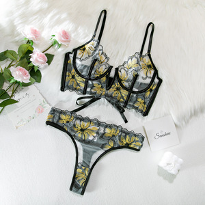 Sexy Low Cut Sunflower Lingerie Floral Embroidered Fishbone Vest Top and Panty Set - Product Image 6