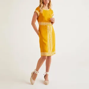 Best Price Elegant Women Customized Linen Dresses Mid-length Holiday Bright Yellow Embroidery Capucha Casual Linen Dress Women