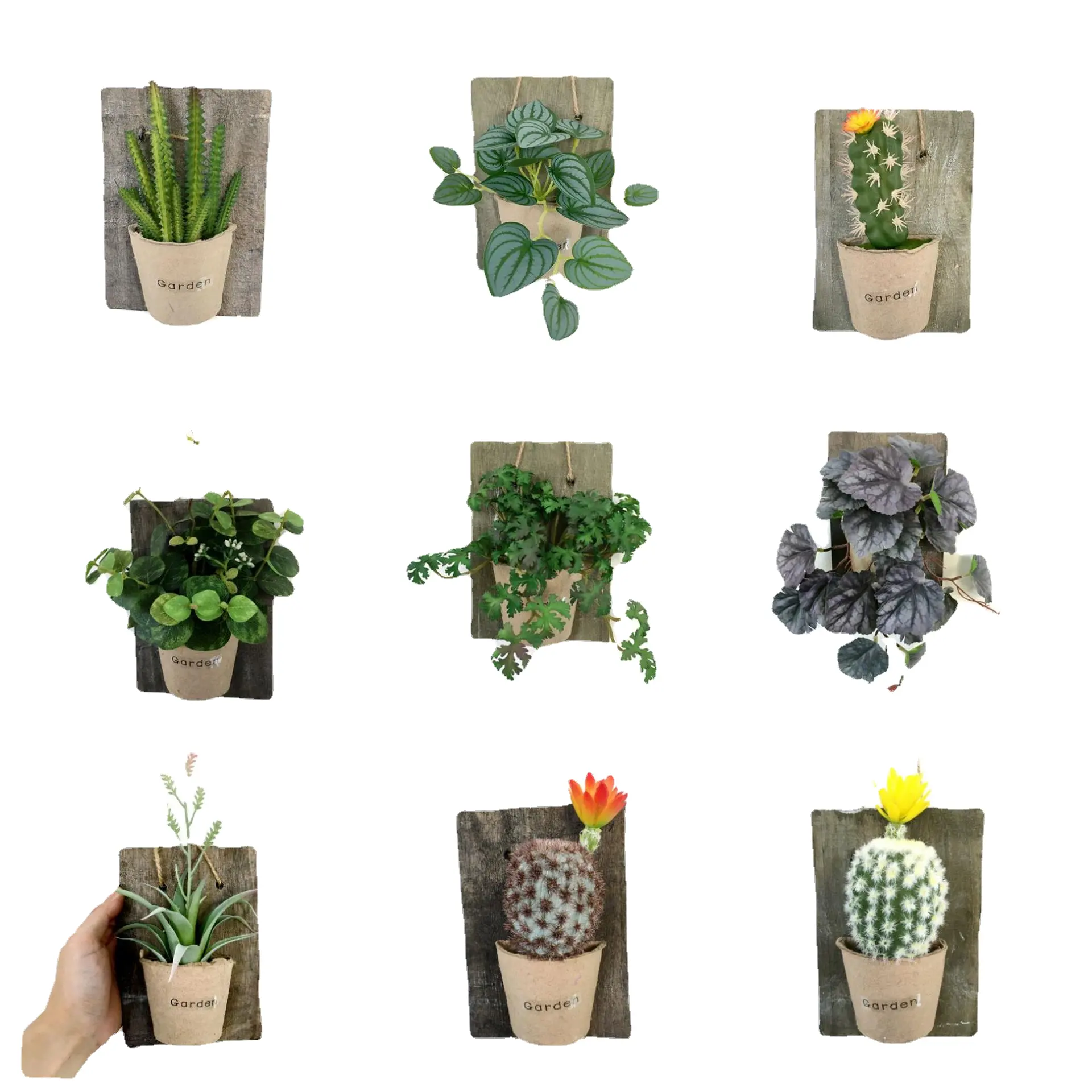 Factory spot simulation plant cactus small wooden board twine wall decoration cross-border hanging succulent green