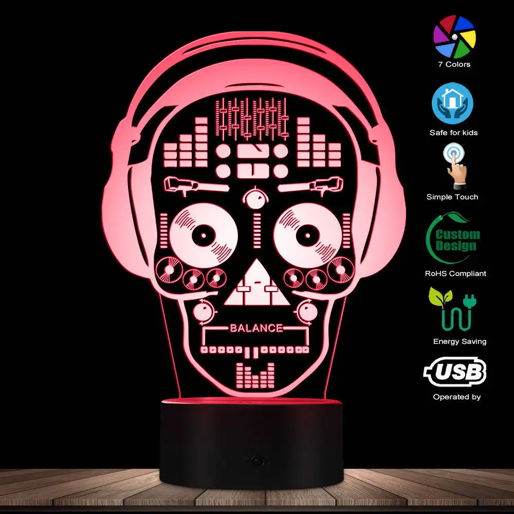 TW-561 3D Lampu Ilustrasi LED, Headphone Seni DJ Skeleton Mixer Suara Lampu Malam Lampu Musik Tengkorak Tato LED Lampu Malam