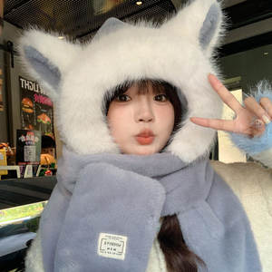 2025 mignon 2 en 1 hiver chaud chat oreille <span class=keywords><strong>bonnet</strong></span> chapeaux écharpe cache-cou floue moelleux fourrure fourrure chapeau femmes filles chapeau et écharpe ensemble - Product Image 4