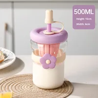 Gobelet en Verre Moderne à Motif Floral de Haute Qualité avec Paille et Bouchon, Réutilisable, Écologique, Compatible Lave-Vaisselle et Micro-Ondes, Ustensile de Boisson pour la Maison