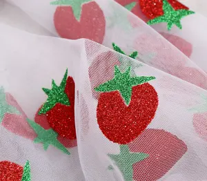 milan tulle Strawberry design powder printed mesh fabric kids drees gold powder tulle fabric