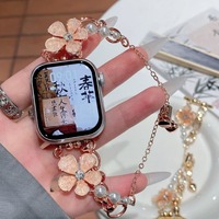 Perhiasan wanita mode rantai bunga batu pecah lima daun dengan tali logam untuk Apple iWatch generasi 11/10/9/8/7