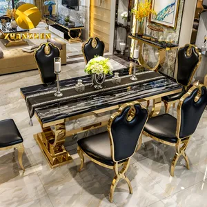 Foshan mobilya mermer yemek masası seti restoran altın metal lüks yemek masası satılık 6 sandalye ile DT004