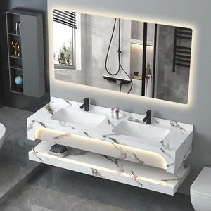 Ensemble de meubles de salle de bain avec vasque double murale en pierre de marbre en pierre frittée OEM avec miroir intelligent - Product Image 1