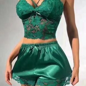 Nouvelle Tenue de Pyjama en Satin Respirant avec Caraco en Dentelle et Short pour l'Été - Product Image 4
