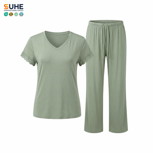 Conjunto de Pijama de Jersey para Mujer SUHE, Cuello en V, Manga Corta, Ribete de Encaje, Cierre con Cordón, Largo Completo, Color Sólido Suave, Primavera/Verano - Product Image 1