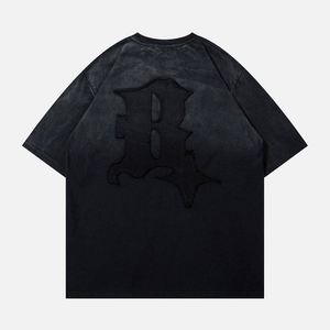 Y2k 맞춤 의류 100% 면 하이 퀄리티 대형 고민 자수 티 의상 로고 조난 패치 산 세척 T 셔츠 - Product Image 4