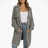 Cardigan en maille chevrons pour femme, col à revers, passepoil contrastant, mi-long, coupe ample, ouvert sur le devant, avec poches, vêtement d'extérieur décontracté en maille