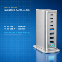 Chargeur GaN 8 ports 520W, hub USB de bureau, 4C PD100W Super Rapide, 4A QC30W, affichage visuel, pour MacBook Dell Lenovo