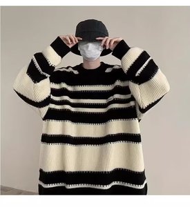 Nouveau <span class=keywords><strong>pull</strong></span> épais à épaules tombantes pour <span class=keywords><strong>homme</strong></span>, tricot rétro automne-hiver, style décontracté et ample à rayures pour garçons, couples et adolescents - Product Image 3
