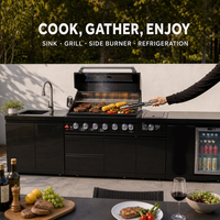 Îlot de cuisine extérieur à gaz GPL 7 brûleurs en acier inoxydable 304 avec réfrigérateur, tiroirs de rangement, évier et brûleur latéral pour barbecue familial
