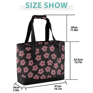 Sac isotherme réutilisable et étanche à motif floral hawaïen noir et rose, grand format, pour courses et déjeuner - Product Image 3