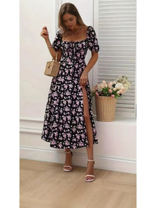 Robe midi florale pour femme, col carré, manches courtes bouffantes, fente latérale, coupe trapèze, décontractée, romantique, pour le bureau - Product Image 3