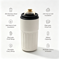 Gobelet isotherme à rayures verticales de 450 ml, avec couvercle à bouton doré, en acier inoxydable, pour les voyages