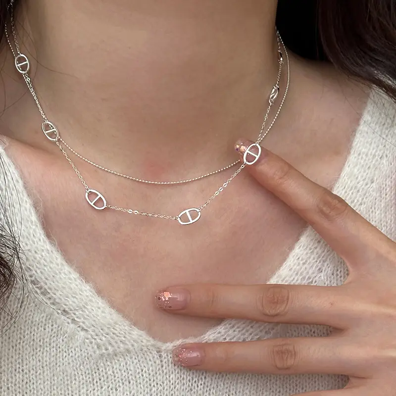 OyEver-collar de plata esterlina 925 para mujer, cadena de doble capa con forma de Nariz de cerdo, novedad