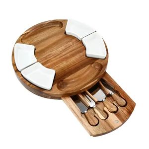 Wooden <b>Cheese</b> Board With Cutlery <b>Set</b> Round Serving Tray For <b>Cheese</b> Fruit Vegetables And Crackers Durable Portable Design - Product Image 3