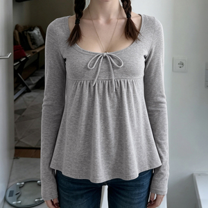 Womens <b>Fall</b> Sweet Solid Color Bow Tie Long Sleeve Breathable Knitted Short Casual Fashion <b>T</b>-<b>Shirt</b> - Product Image 6