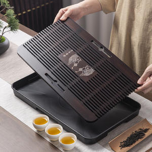 Bandeja de té de bambú y madera natural, pequeña bandeja de drenaje para el hogar, mesa de té estilo chino con almacenamiento de agua, mesa de té pequeña para una persona - Product Image 1