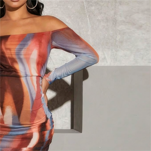 Robe de maternité personnalisée pour femme, sexy, imprimé marbré, manches courtes, épaules dénudées, coupe trapèze, longueur midi, décontractée, respirante, pour club - Product Image 6