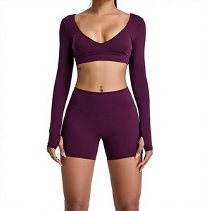 Women Yoga Set Long Sleeve V-Neck Crop Scrunch Back Shorts Sets Activewear Sportswear <b>Gym</b> Wear <b>Leggings</b> - Product Image 4
