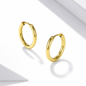 Classic Slim <b>Hoop</b> <b>Earrings</b> Stainless Steel 14K Gold Vacuum Plated Polished Round <b>Hinged</b> <b>Hoops</b> - Product Image 1