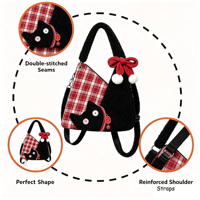 Sac à bandoulière chat noir patchwork à carreaux avec applique en peluche personnalisée et nœud décoratif, accessoire de mode pour adolescentes, vente en gros