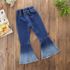 RTS נמוך MOQ ילדה ג 'ינס מכנסיים נמוך מותן כפתור zip אלסטי מותניים מכנסי פעמון כחול צבע אחוי ילדים התלקחות ג 'ינס מכנסיים