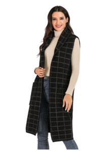 Plus Size Women's Suit Style Long Cardigan Sweater Vest <strong>Sleeveless</strong> Plaid Lapel <strong>Coat</strong> With Pockets - Product Image 3