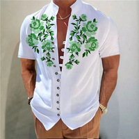 Kemeja Pria Kerah Mandarin Lengan Pendek Bermotif Bunga Kupu-kupu, Slim Fit, Kancing Depan, untuk Musim Panas, Pantai, Pesta, dan Liburan