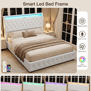 Upholstered Platform <b>Bed</b> Frame with <b>LED</b> Headboard and 4 Under <b>Bed</b> Storage Drawers Wooden Slat Support Storage <b>Bed</b> for Bedroom - Product Image 3