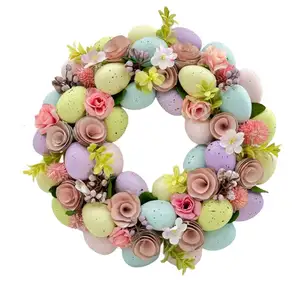 2024 New Design Easter Egg Decor 14" Pink Woodcurl Spring Wreath Door Hanging Decoration Decorative Flowers Wreaths And Plants