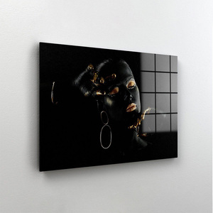 Oro nero africano donna arte della parete decorazione per la casa stampa personalizzata in <span class=keywords><strong>vetro</strong></span> <span class=keywords><strong>temperato</strong></span> dipinti d'arte - Product Image 1