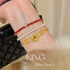 King Silver Jewelry S925 Silver <b>Gold</b> Plated Filigree <b>Bracelet</b> With Red Stones Women's Everyday Wear - Product Image 5
