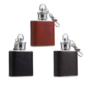 Grosir portabel saku 1oz persegi berbentuk Pot anggur baja nirkarat Mini Hip Flask rantai gantungan kunci