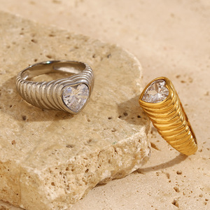 18K Pvd Gold Plated Ribbed Heart Cz Zircon Stainless Steel Waterproof Hypoallergenic Stackable <b>Statement</b> <b>Ring</b> For Women - Product Image 4