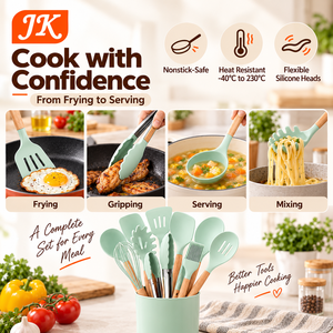 Juego de utensilios de cocina de silicona Jinke de 12 piezas con mango de madera, antiadherentes, ecológicos, espátula, cuchara, batidor y soporte de almacenamiento. - Product Image 3
