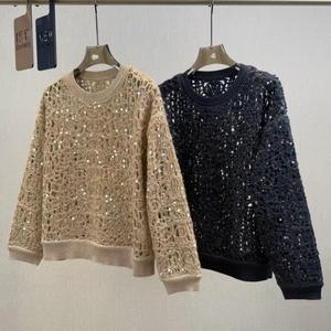 Pull en <span class=keywords><strong>laine</strong></span> à col rond à manches longues élégant et luxueux pour femmes B*C avec broderie creuse à paillettes, pull d'automne - Product Image 2