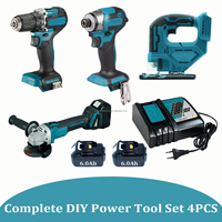 Kit combiné d'outils électriques 4-en-1 sans balais 18V : Perceuse, Visseuse à chocs, Scie sauteuse, Meuleuse d'angle avec 2 batteries 6.0Ah et chargeur rapide
