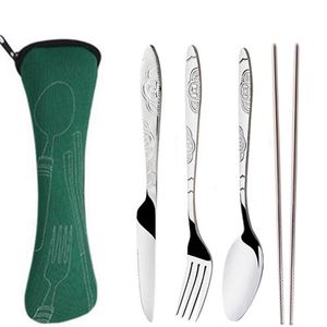 Ensemble de couverts en acier 3/4 pièces, couteaux, fourchettes, cuillères, pour la famille, les voyages, le camping, ensemble de vaisselle quatre pièces avec étui - Product Image 1