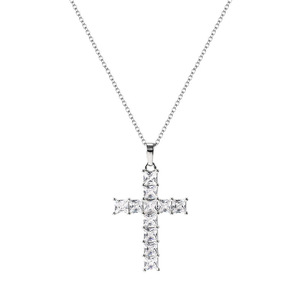 Collana con Pendente a Croce in Oro Bianco, Diamante Taglio Principessa con Montatura a Griffe, Religiosa Unisex, Argento 925 Placcato Rodio, Catena a Maglia Box - Product Image 1
