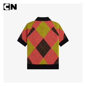 Suéter con Certificación BSCI, Fabricante de Suéteres, Logotipo Personalizado, Suéter Polo de Punto de Verano para Mujer, de Lana de Alpaca Cepillada, Manga Corta, Diseño Argyle - Product Image 3