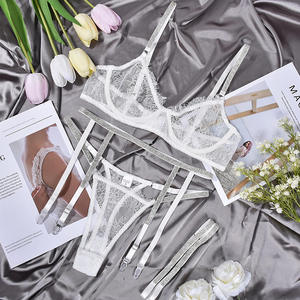 Conjunto de Lencería Erótica de 4 Piezas para Mujer, con Pedrería Brillante, Transparente, con Encaje de Pestañas, Sujetador, Tanga y Liguero - Product Image 6