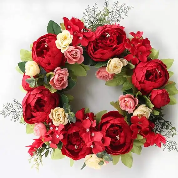 2024新しい赤い牡丹人工花輪結婚披露宴ホリデーウェルカムハローリース家の装飾バレンタインデーギフト