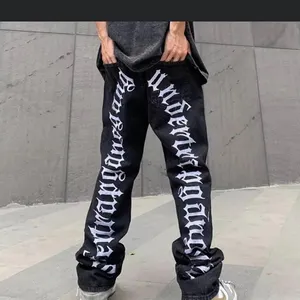 Custom logo wool jogging pants 100% cotton 3D powder puff print French wool loop loose stacked bell bottoms for men