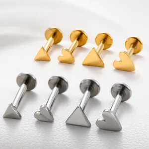 HENGSEN anting-anting tindik baja tahan karat, anting-anting tulang rawan hati cinta segitiga push-in tanpa benang baja tahan karat 16G x 8mm, perhiasan tindik