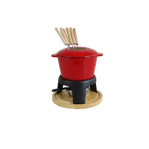 Perfecte Gietijzeren Gietijzeren Fondue Set Kaas Smeltkroes Metalen Standaard Met Roestvrijstalen Vorken Brander Rood Roze Off-Cream